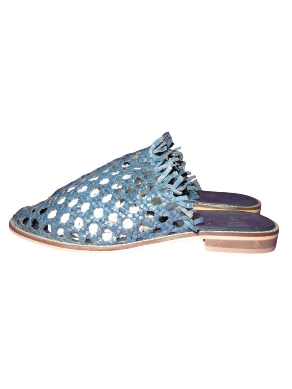 Free People Mirage Blue Woven Raffia Leather Mules Clogs Made in India 40 or 10